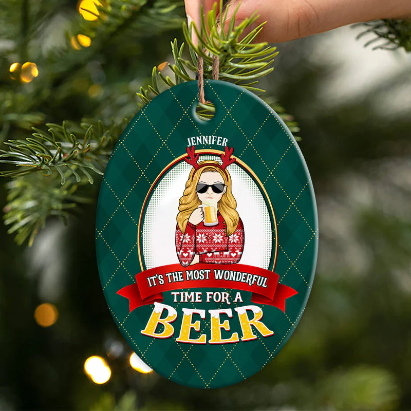 Most Wonderful Time Beer - Christmas Gifts - Personalized Custom Oval Ceramic Ornament - Image 2