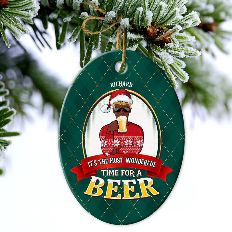 Most Wonderful Time Beer - Christmas Gifts - Personalized Custom Oval Ceramic Ornament - Image 3
