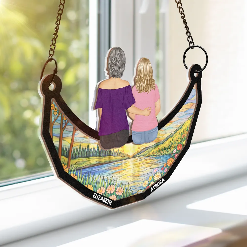 Mother And Children Sitting On The Moon - Personalized Window Hanging Suncatcher Ornament - Image 4