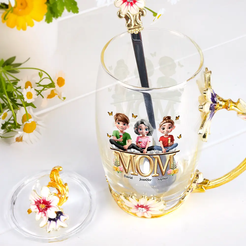 Mother And Children Together - Personalized Glass Flower Tea Cup - Image 2