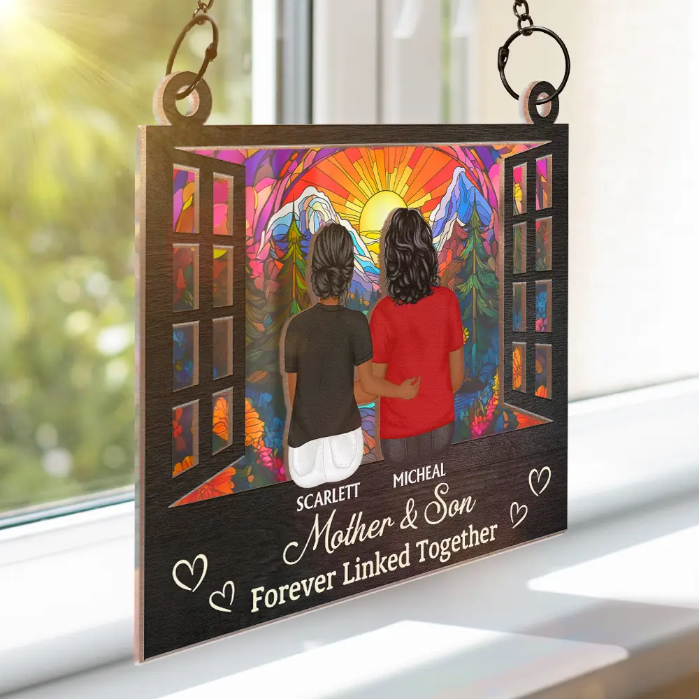 Mother And Daughter Children Forever Linked Together - Personalized Window Hanging Suncatcher Ornament - Image 3