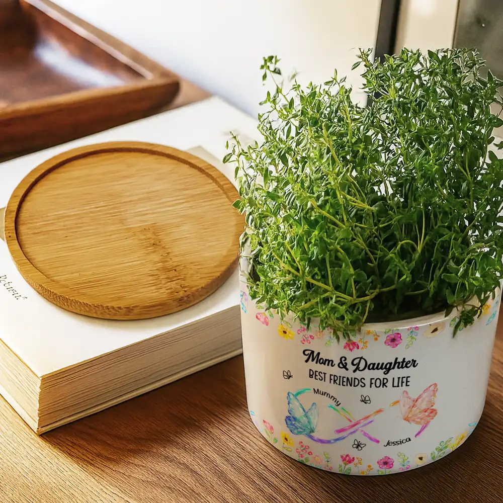 Mother And Daughter Forever Linked Together Crystal Butterflies - Personalized Ceramic Plant Pot - Image 3