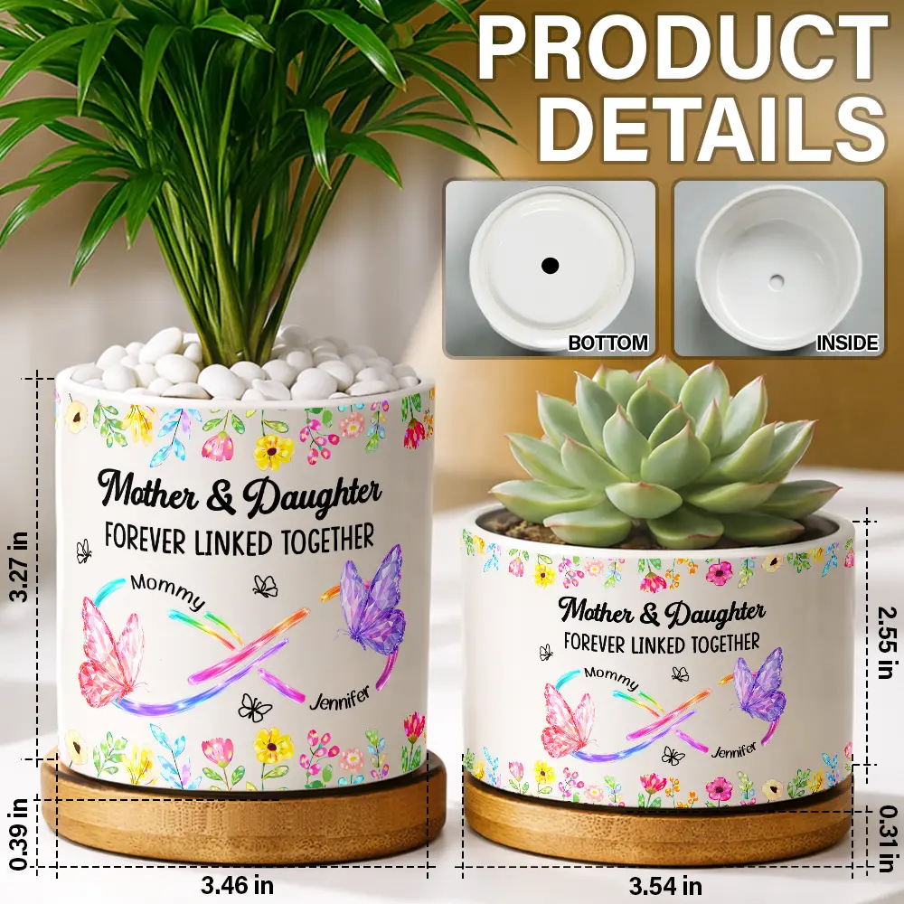 Mother And Daughter Forever Linked Together Crystal Butterflies - Personalized Ceramic Plant Pot - Image 5
