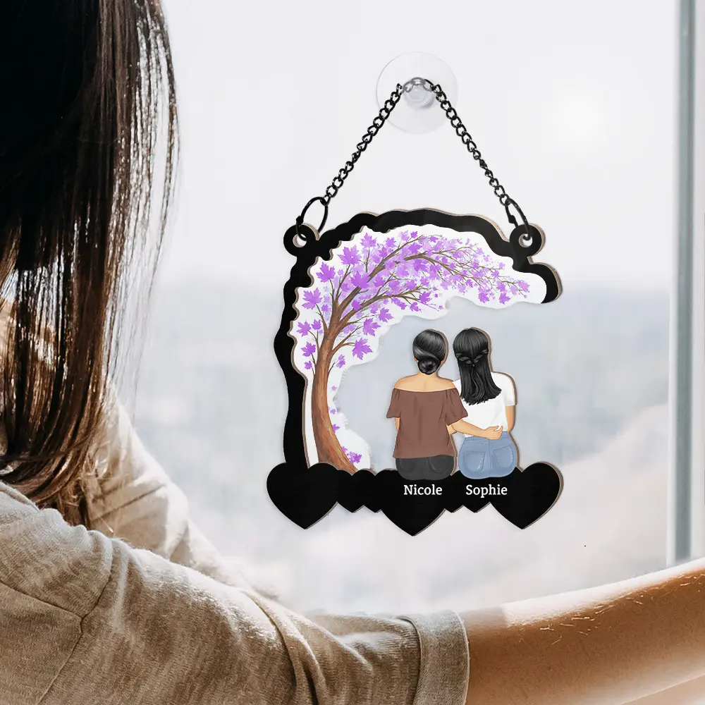Mother And Daughter Forever Linked Together Heart By Heart - Personalized Window Hanging Suncatcher Ornament - Image 4