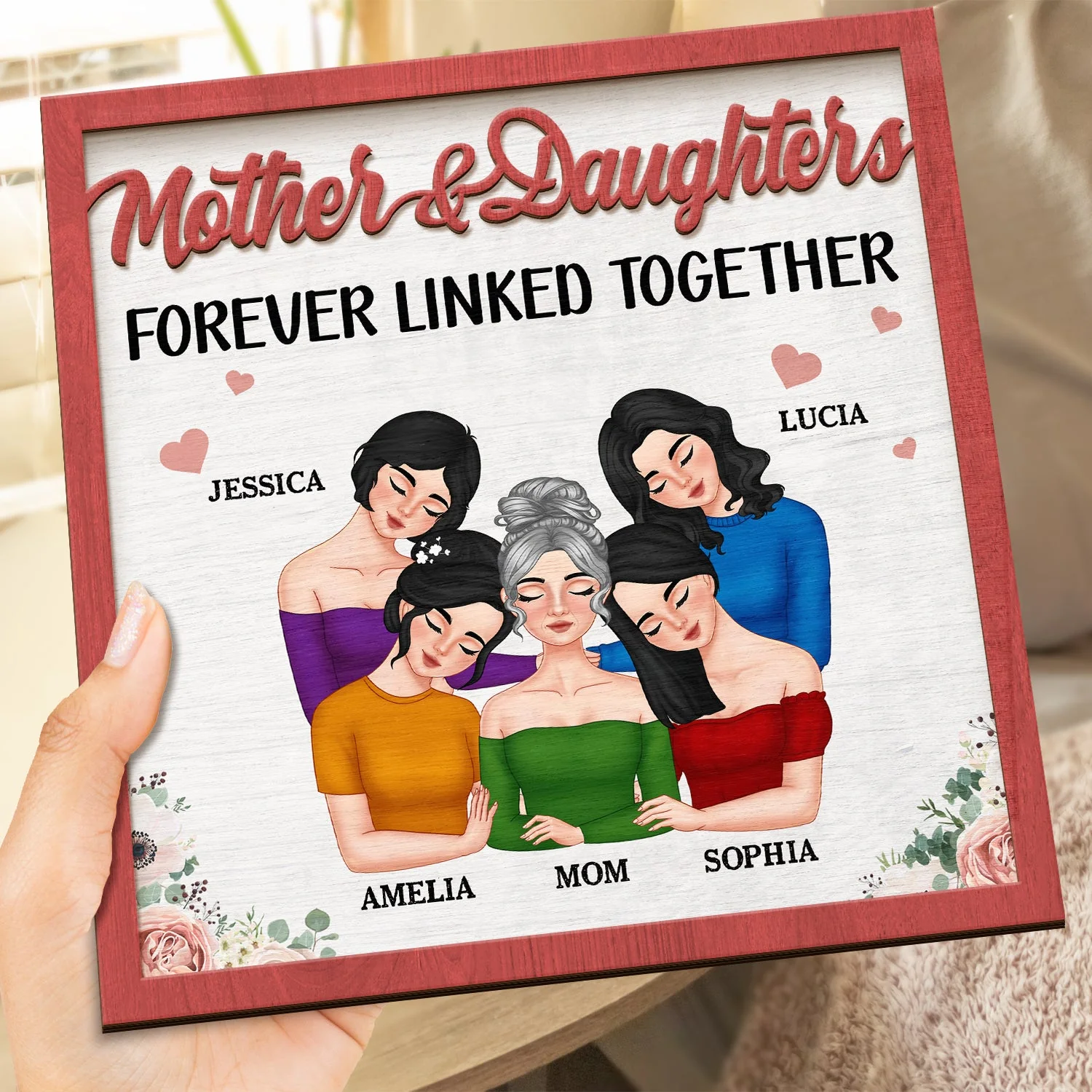Mother And Daughters Forever Linked Together Doll Face - Gift For Mom, Mother, Grandma - Personalized 2-Layered Wooden Plaque With Stand - Image 4