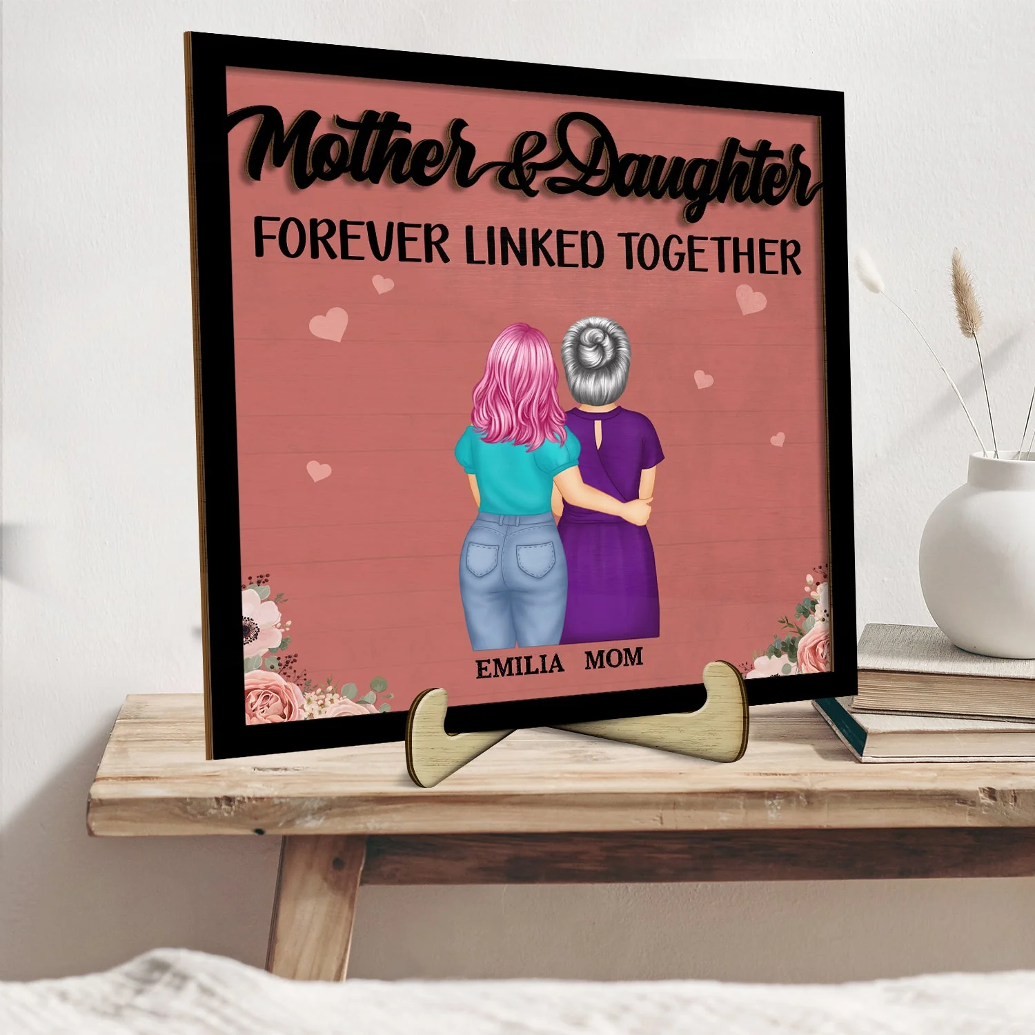 Mother And Daughters Forever Linked Together - Gift For Mom, Mother, Grandma - Personalized 2-Layered Wooden Plaque With Stand - Image 2
