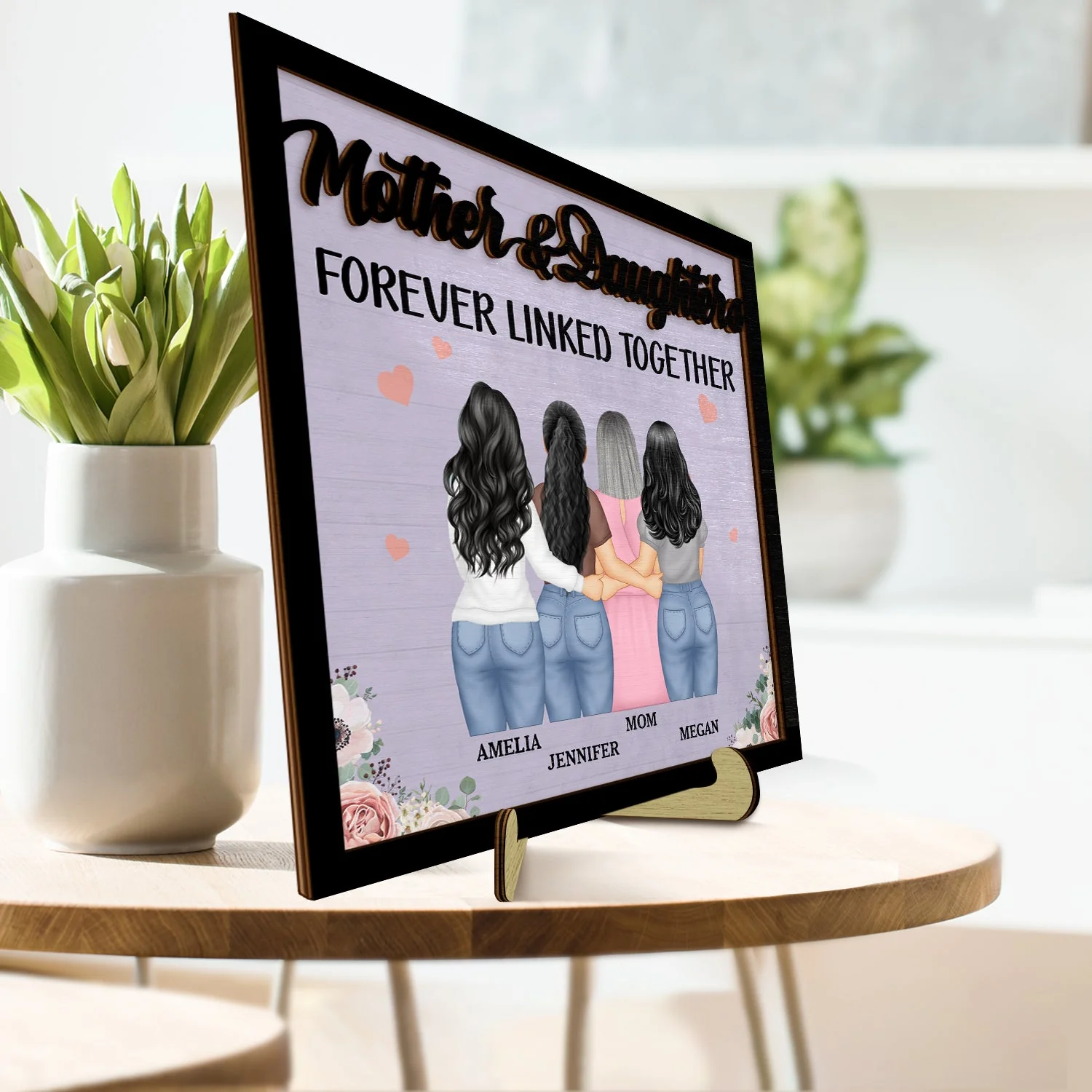 Mother And Daughters Forever Linked Together - Gift For Mom, Mother, Grandma - Personalized 2-Layered Wooden Plaque With Stand - Image 3