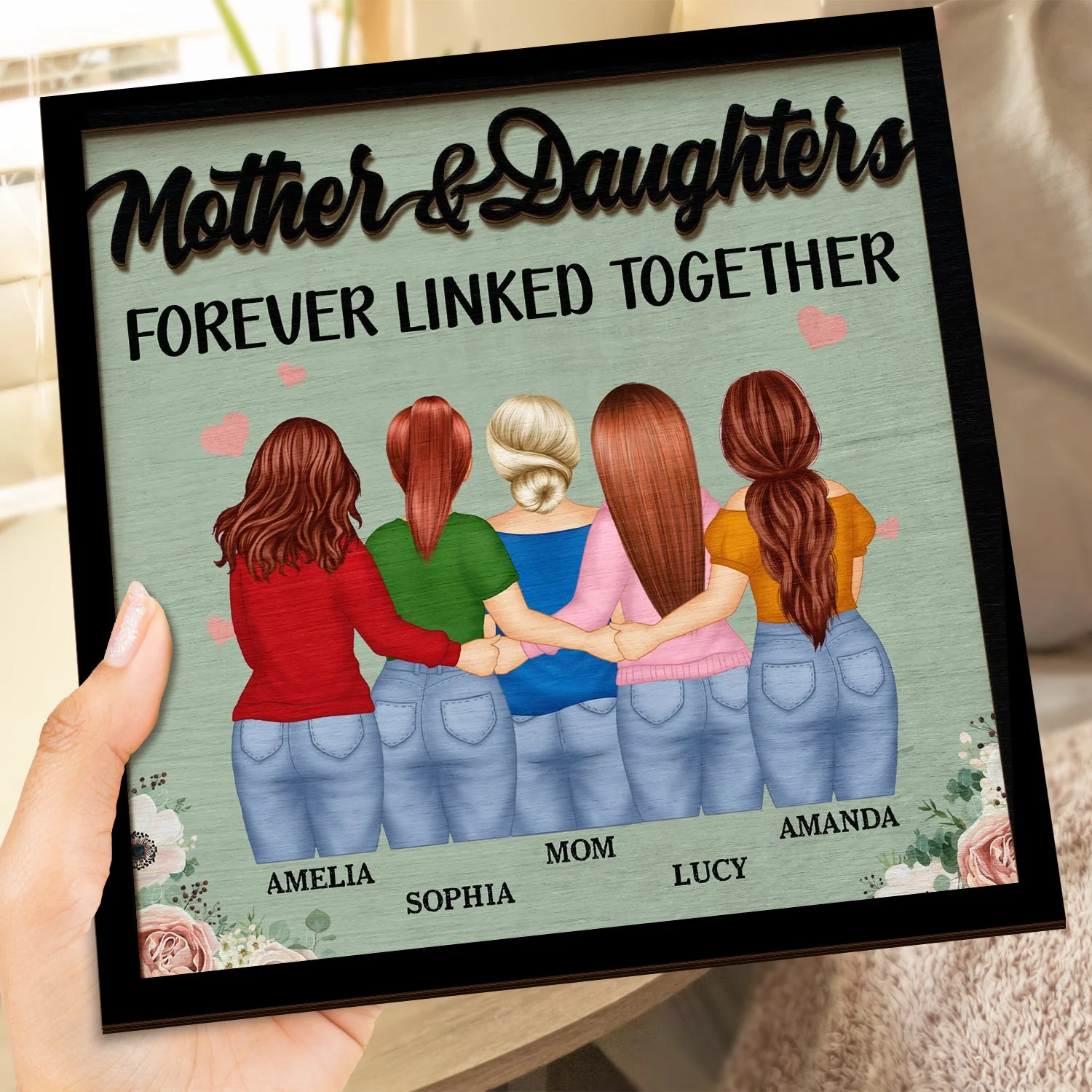 Mother And Daughters Forever Linked Together - Gift For Mom, Mother, Grandma - Personalized 2-Layered Wooden Plaque With Stand - Image 4