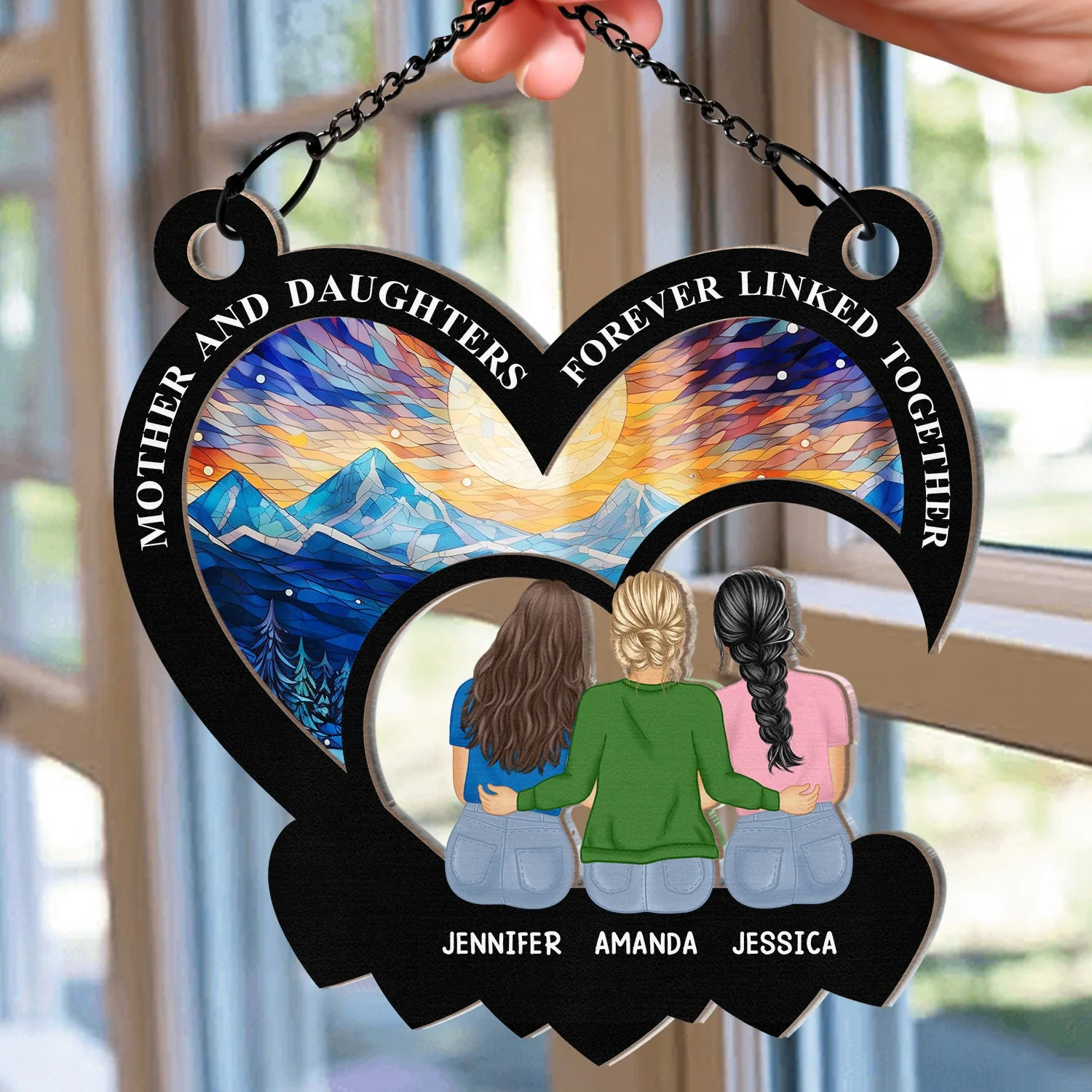 Mother And Daughters Forever Linked Together - Personalized Window Hanging Suncatcher Ornament - Image 2