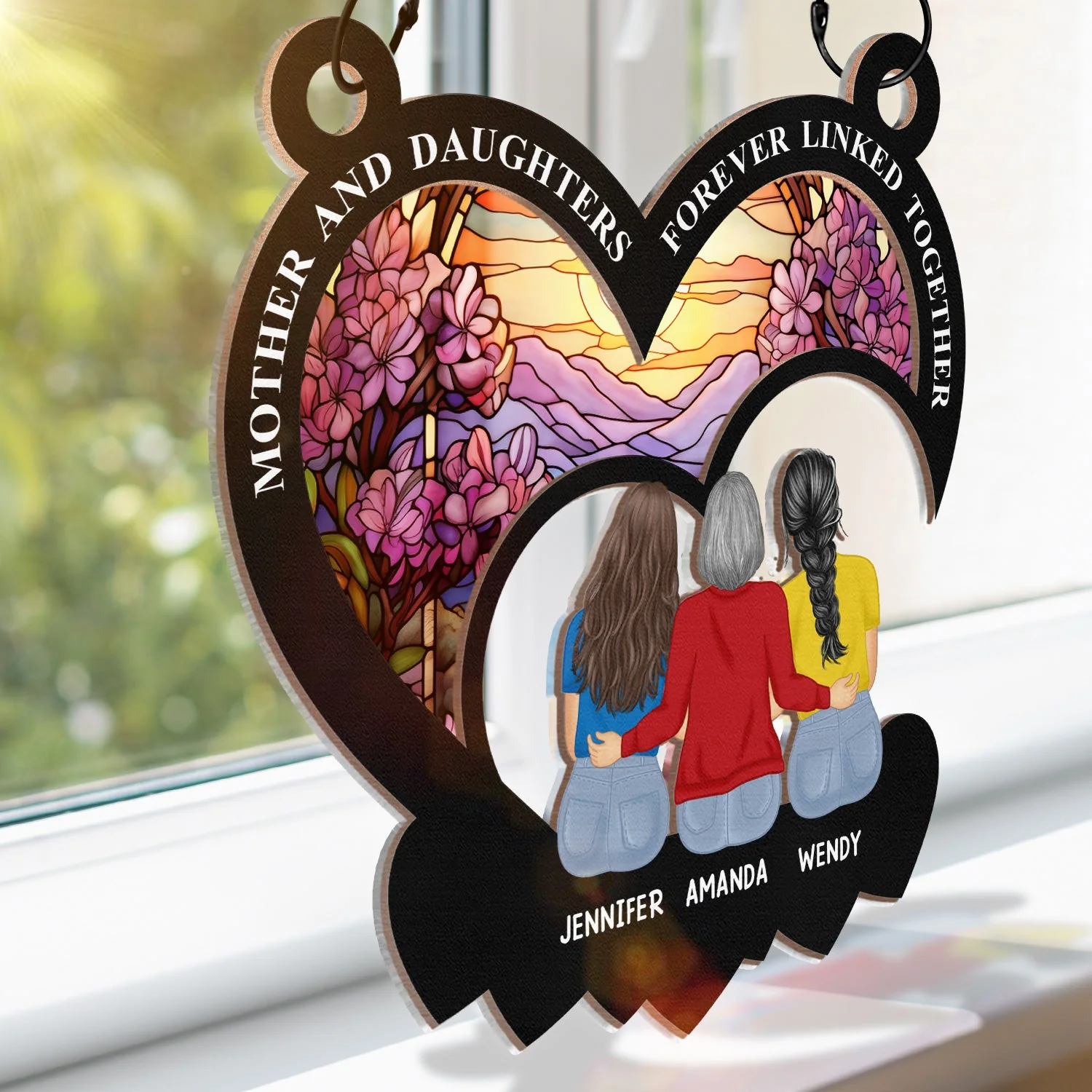 Mother And Daughters Forever Linked Together - Personalized Window Hanging Suncatcher Ornament - Image 3