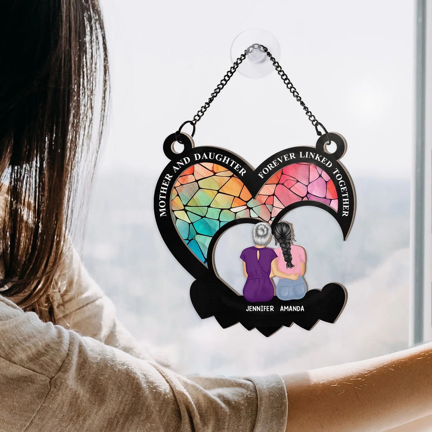 Mother And Daughters Forever Linked Together - Personalized Window Hanging Suncatcher Ornament - Image 4