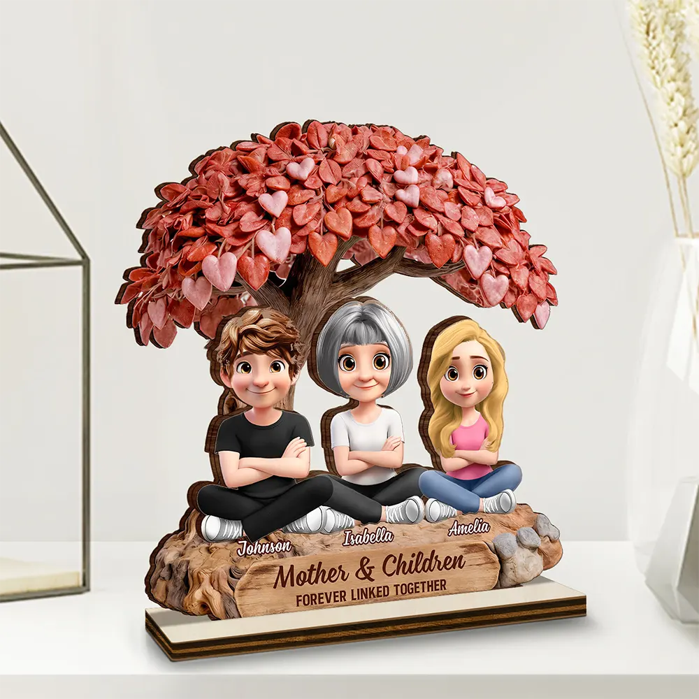 Mother And Daughters Forever Linked Together Under Heart Tree - Personalized Custom Shaped Wooden Plaque - Image 2