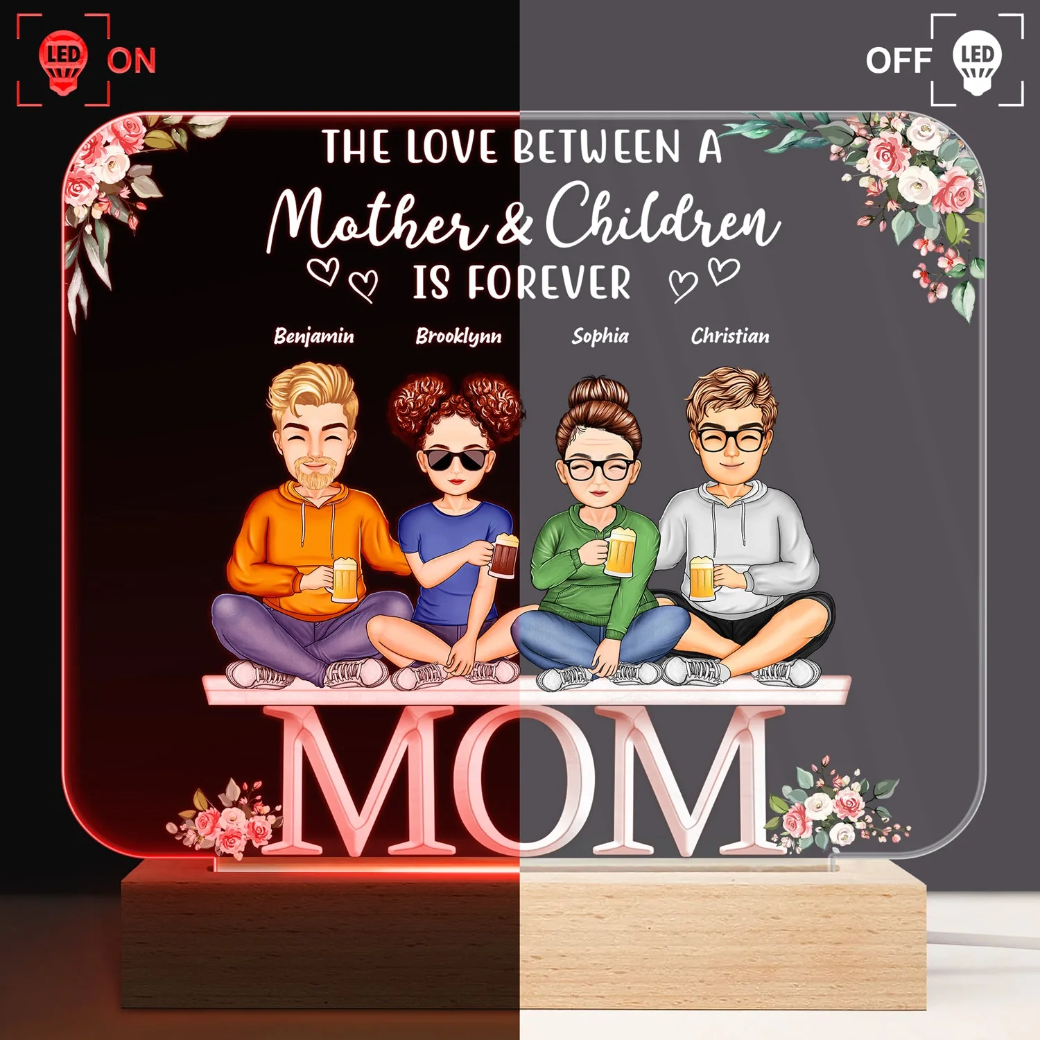 Mother And Daughters Sons Children From The Start - Birthday, Loving Gift For Mommy, Mother, Grandma, Grandmother - Personalized Custom 3D Led Light Wooden Base - Image 3