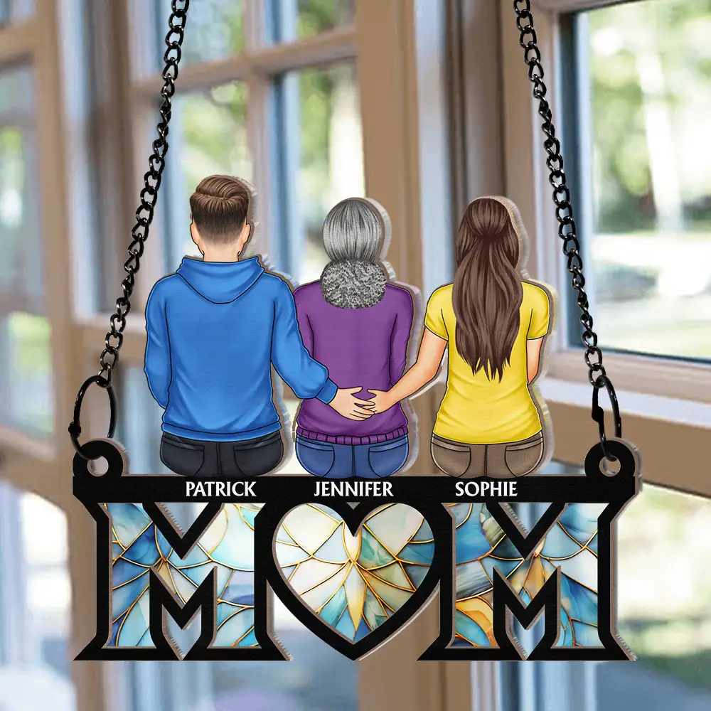Mother & Children Sitting Bakside Unbreakable Bond - Personalized Window Hanging Suncatcher Ornament - Image 2