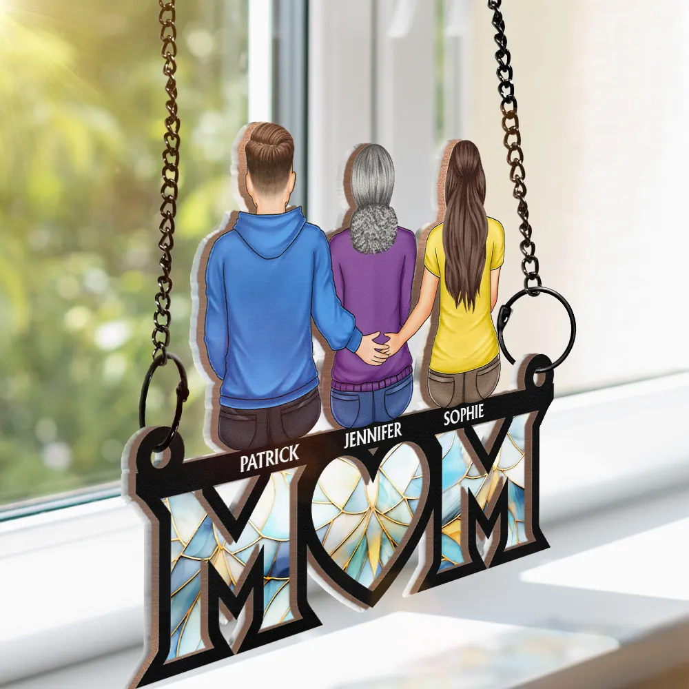 Mother & Children Sitting Bakside Unbreakable Bond - Personalized Window Hanging Suncatcher Ornament - Image 3