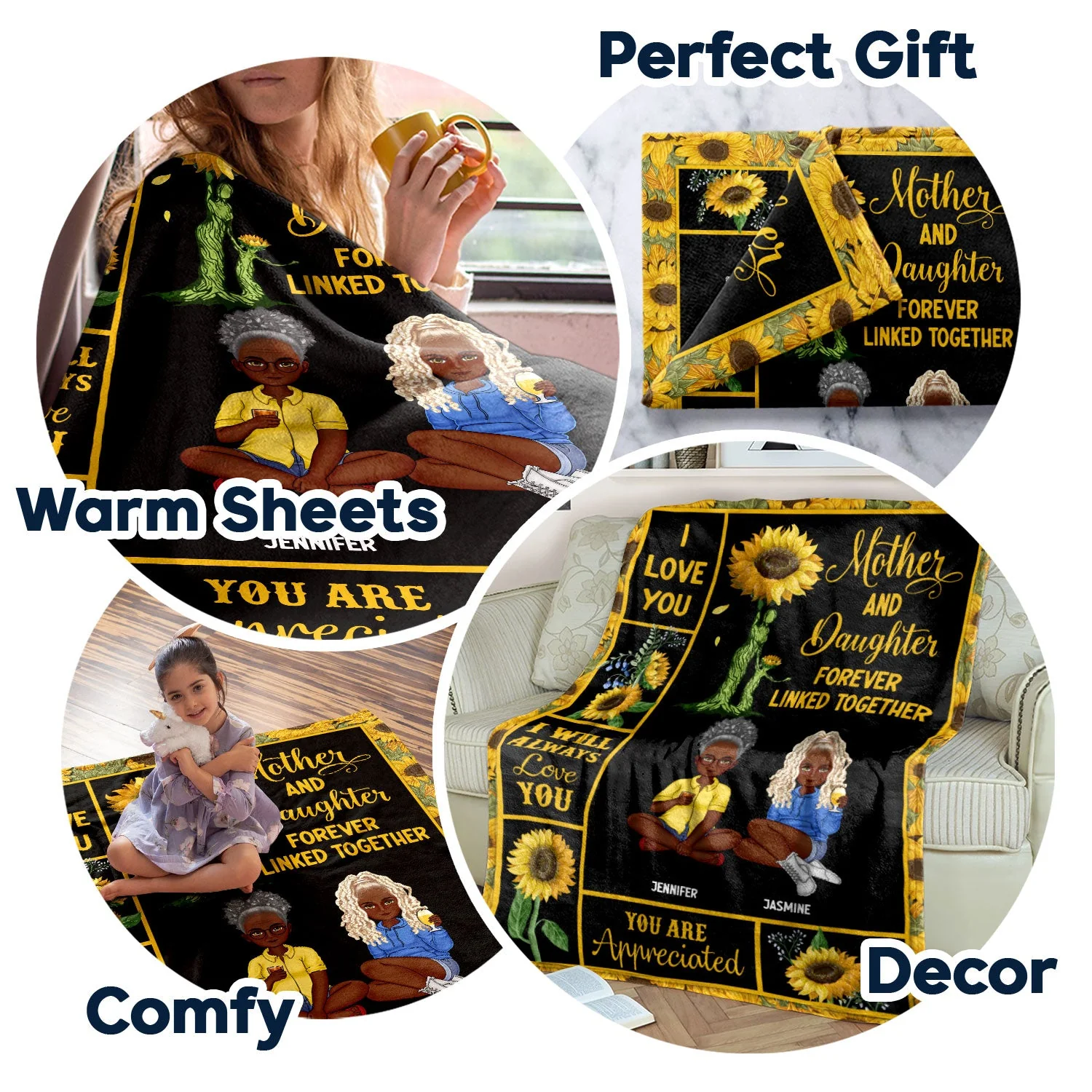Mother & Children Sunflower Forever Linked Together - Gift For Mother - Personalized Fleece Blanket - Image 5
