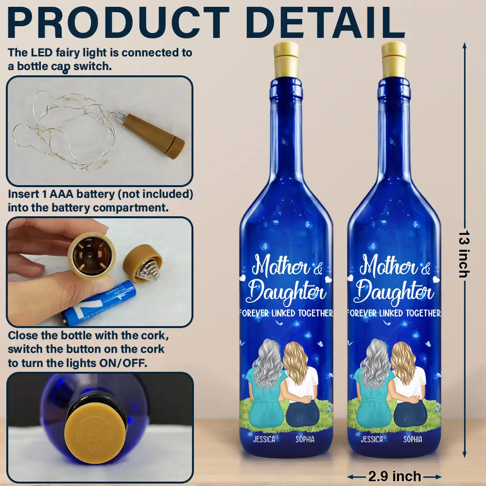 Mother & Daughter Forever Linked Together - Personalized Blue Bottle Light - Image 4