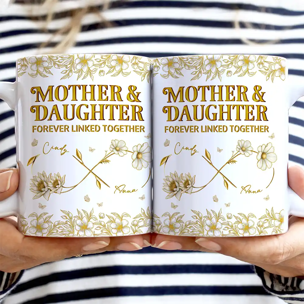 Mother & Daughter Forever Linked Together - Personalized White Edge-to-Edge Mug - Image 2