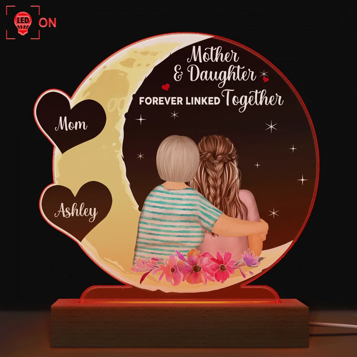 Mother & Daughter Love You To The Moon And Back - Birthday, Loving Gift For Mom, Grandma, Grandmother, Granddaughter - Personalized Custom 3D Led Light Wooden Base - Image 2
