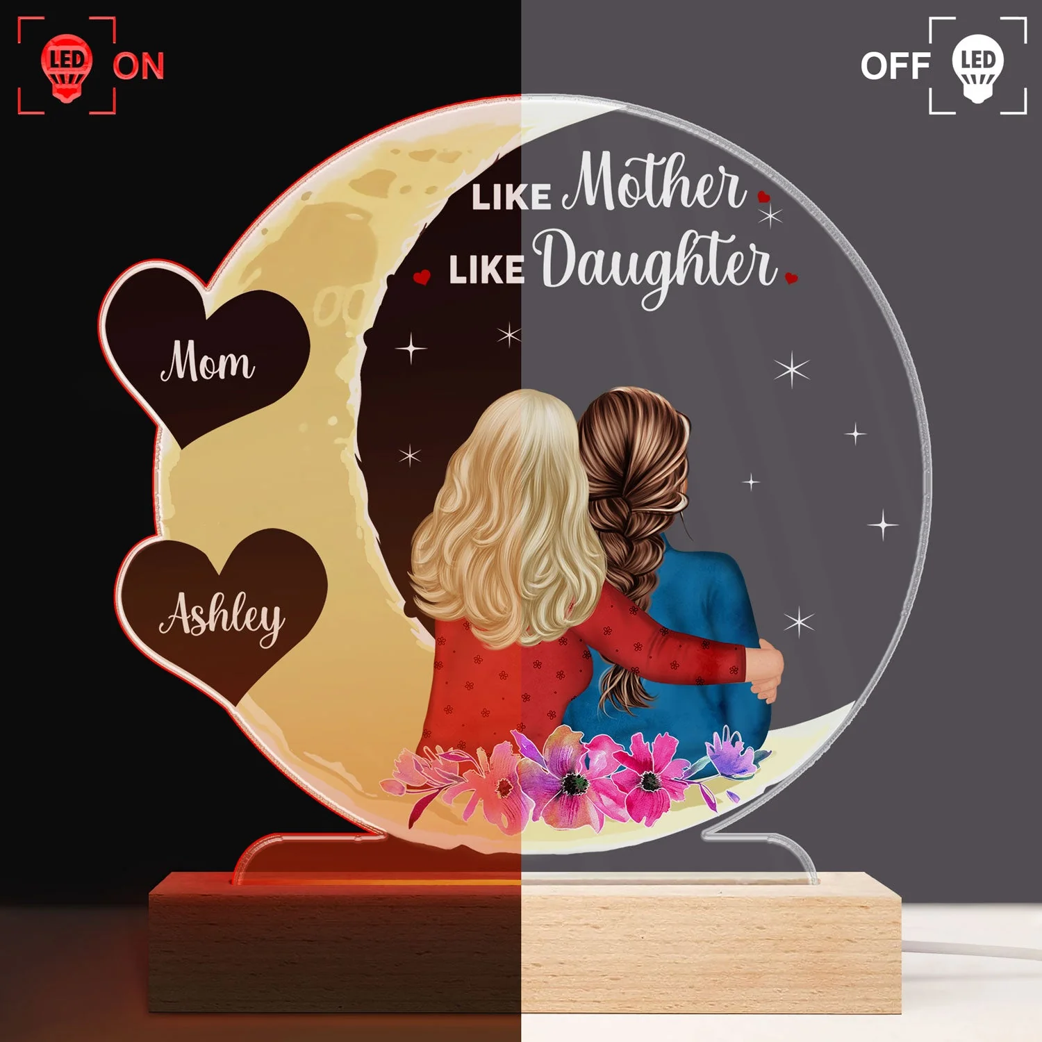 Mother & Daughter Love You To The Moon And Back - Birthday, Loving Gift For Mom, Grandma, Grandmother, Granddaughter - Personalized Custom 3D Led Light Wooden Base - Image 3