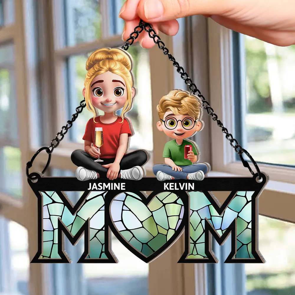 Mother Daughter Son We Love You Mom 3D Cartoon - Personalized Window Hanging Suncatcher Ornament - Image 2
