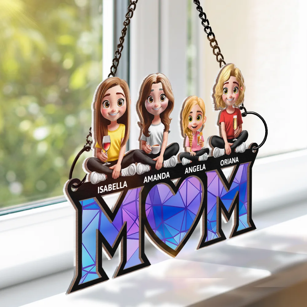 Mother Daughter Son We Love You Mom 3D Cartoon - Personalized Window Hanging Suncatcher Ornament - Image 3