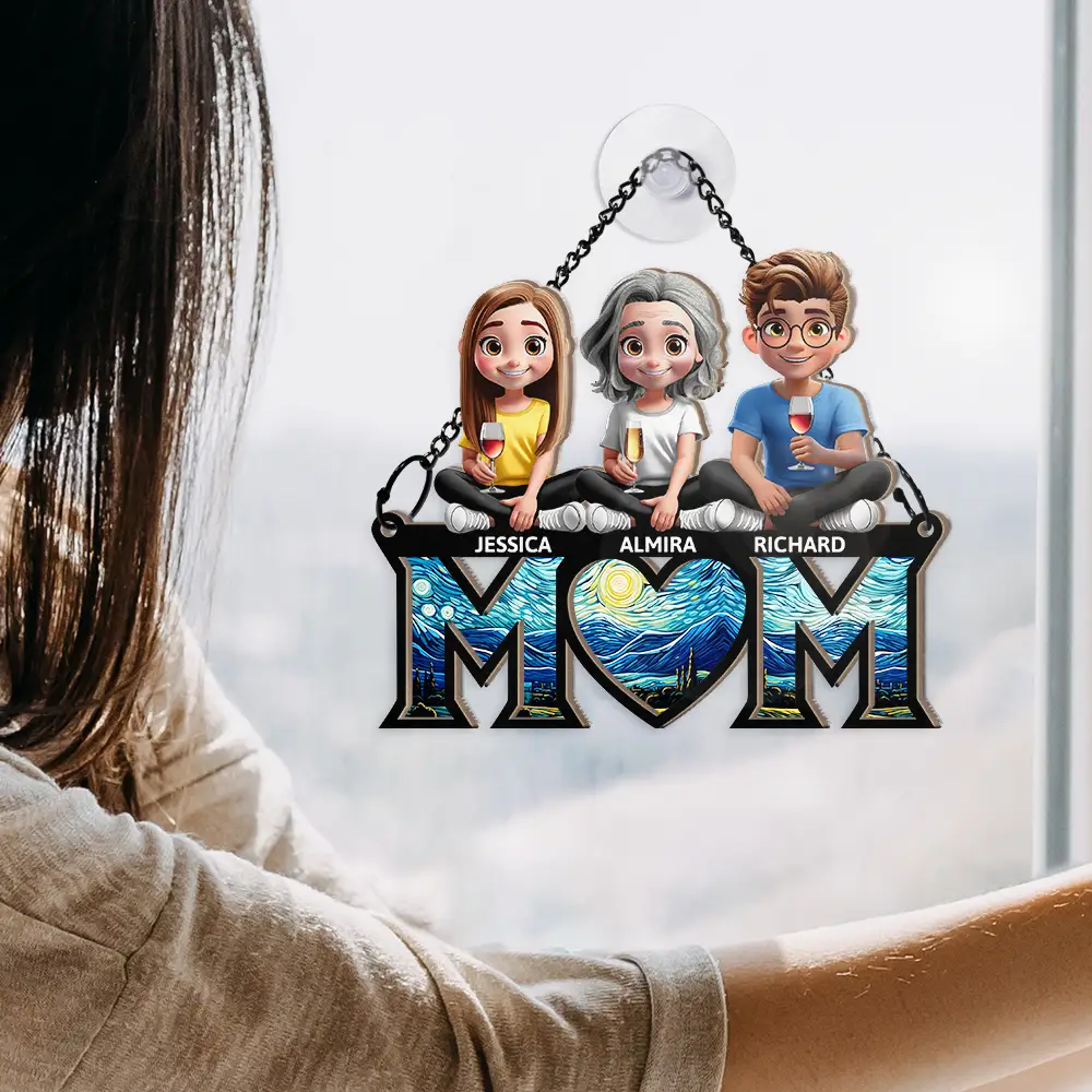 Mother Daughter Son We Love You Mom 3D Cartoon - Personalized Window Hanging Suncatcher Ornament - Image 4