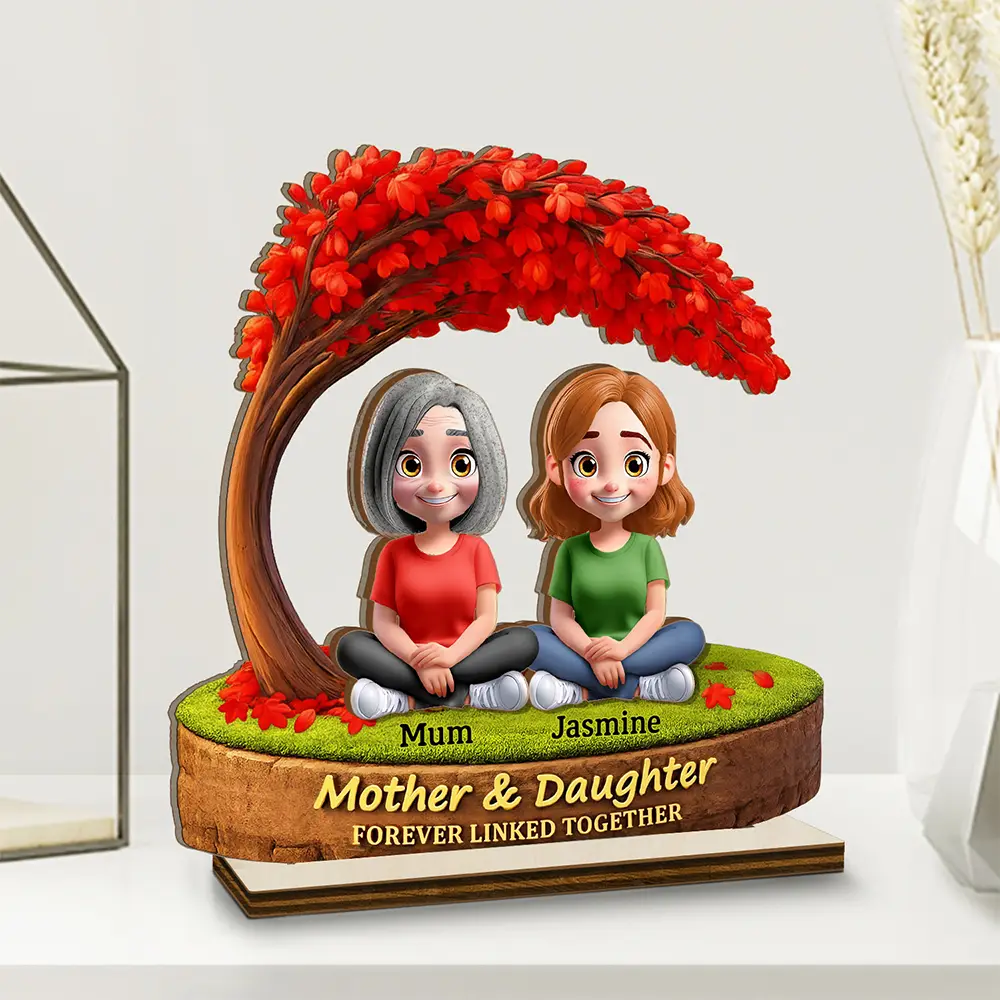 Mother Daughter Under The Tree Forever Linked Together - Personalized Custom Shaped 2-Layered Wooden Plaque - Image 2