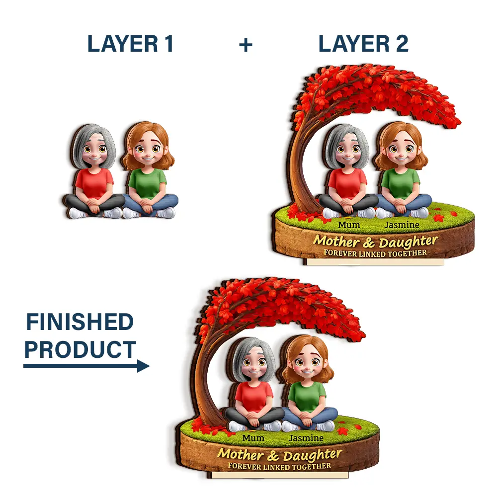 Mother Daughter Under The Tree Forever Linked Together - Personalized Custom Shaped 2-Layered Wooden Plaque - Image 5