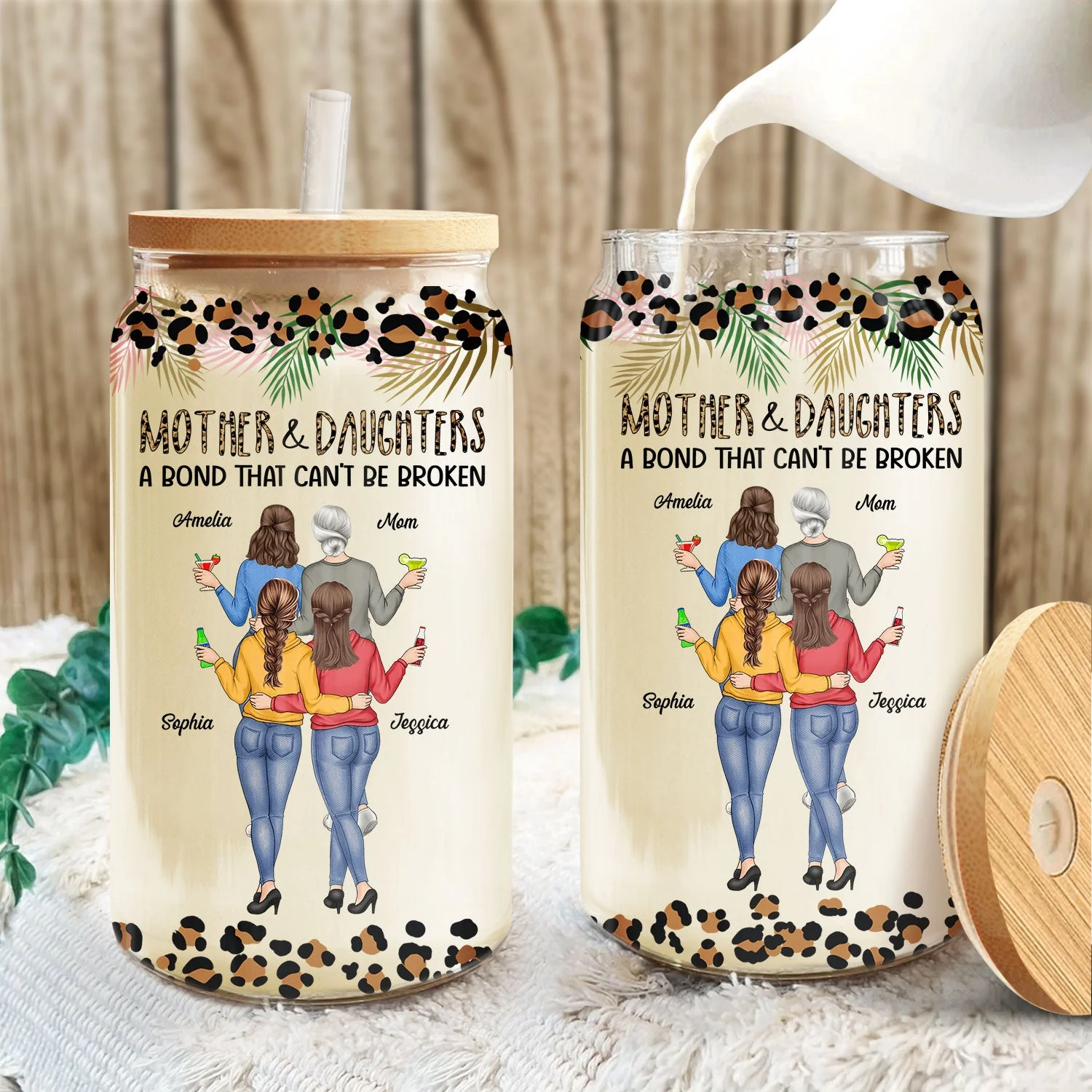 Mother & Daughters A Bond That Can't Be Broken - Gift For Mom, Mother, Grandma - Personalized Clear Glass Can - Image 3