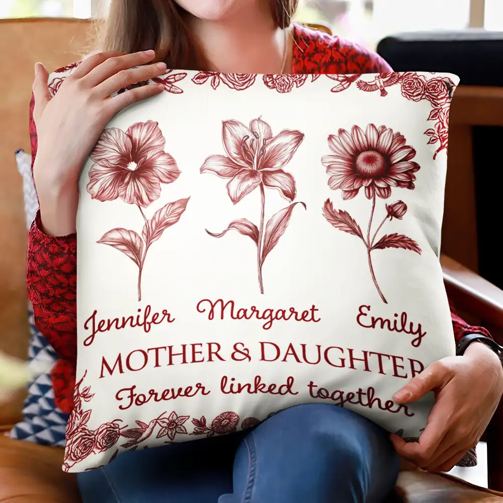 Mother & Daughters Forever Linked Together Toile Birth Flower - Personalized Pillow - Image 2