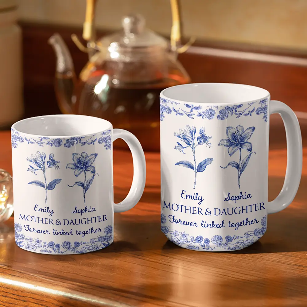 Mother & Daughters Forever Linked Together Toile Birth Flower - Personalized White Edge-to-Edge Mug - Image 3