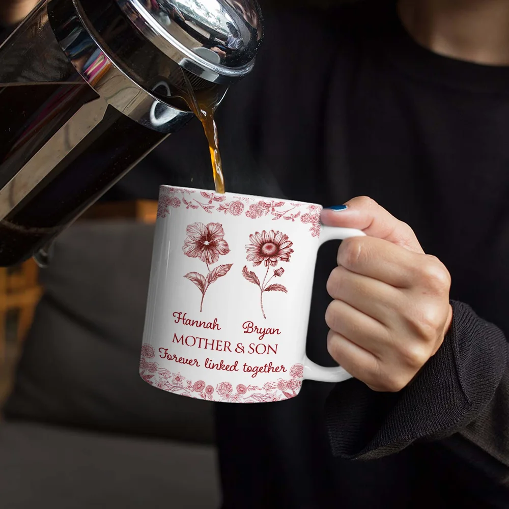 Mother & Daughters Forever Linked Together Toile Birth Flower - Personalized White Edge-to-Edge Mug - Image 4