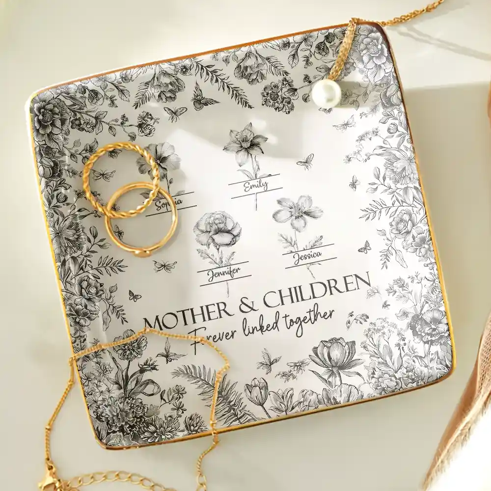 Mother & Daughters Forever Linked Together Toile Birth Month Flower - Personalized Ring Dish - Image 4