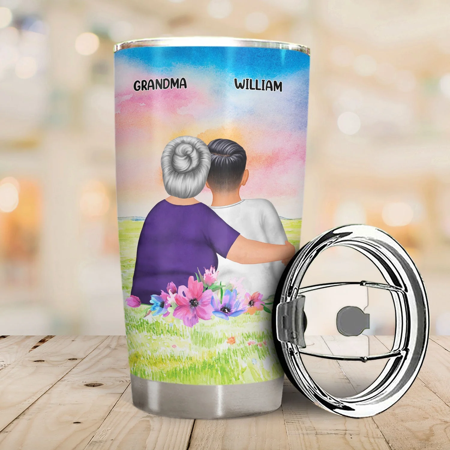 Mother & Son Forever Linked Together Watercolor Style - Birthday, Loving Gift For Mom, Grandma, Grandmother, Grandson - Personalized Custom Tumbler - Image 2
