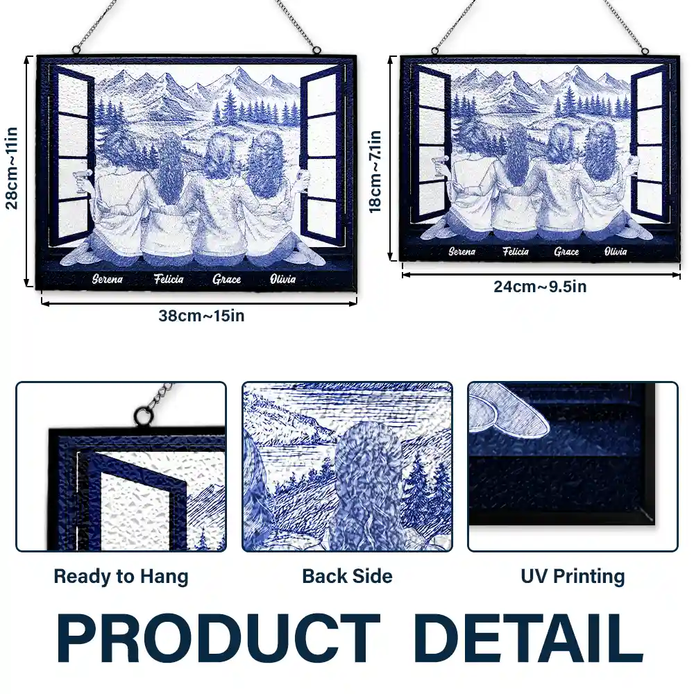 Mountain Cabin Window Toile Art Bestie - Personalized Horizontal Stained Glass Suncatcher - Image 3