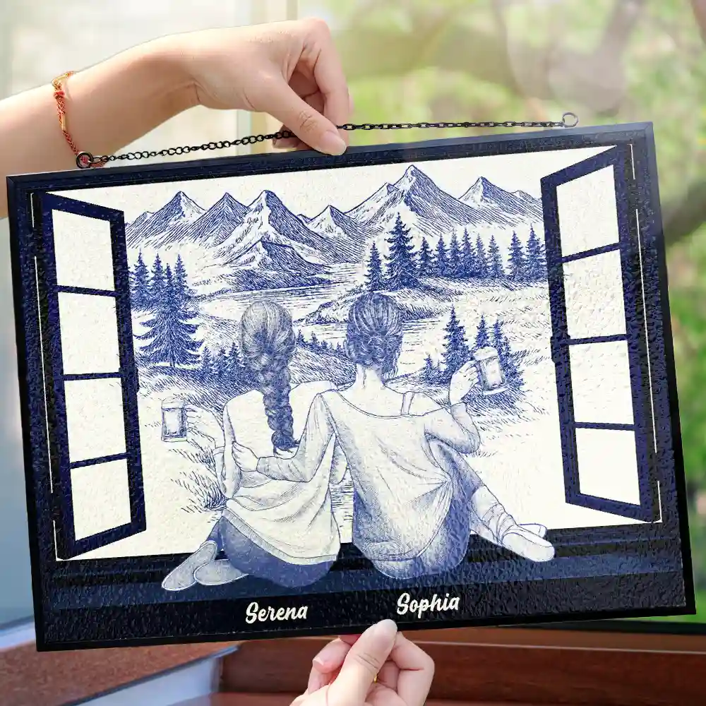 Mountain Cabin Window Toile Art Bestie - Personalized Horizontal Stained Glass Suncatcher - Image 4
