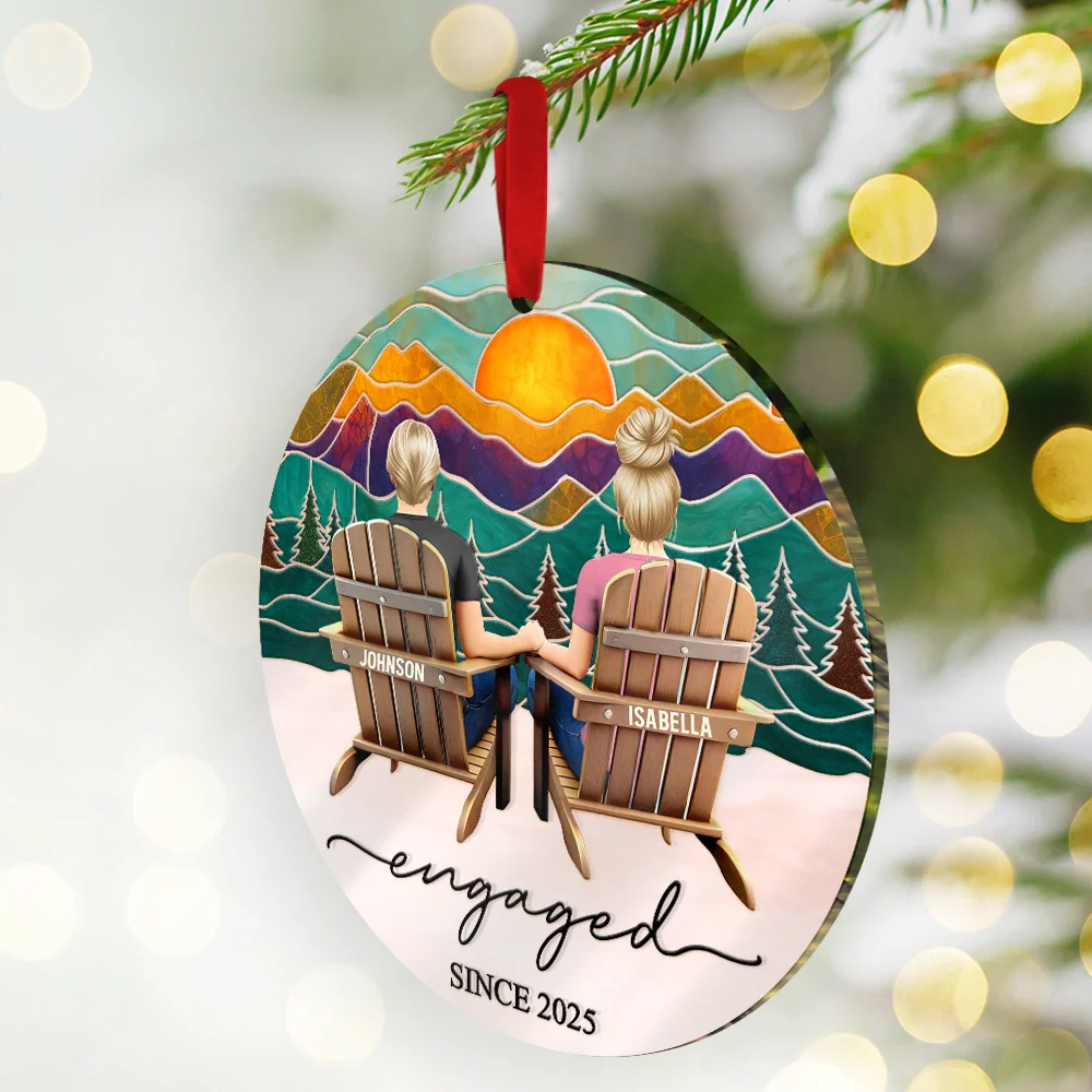 Mountain Landscape Couple Sitting Together Married Engaged - Personalized Custom Shaped Mirror Ornament - Image 2