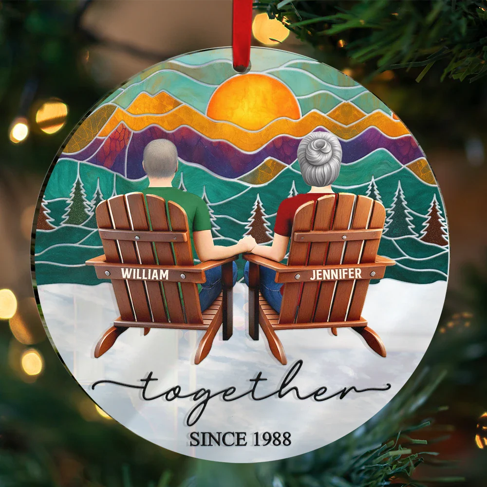 Mountain Landscape Couple Sitting Together Married Engaged - Personalized Custom Shaped Mirror Ornament - Image 3
