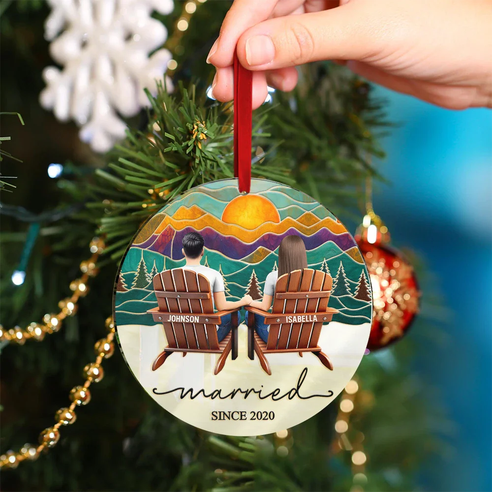 Mountain Landscape Couple Sitting Together Married Engaged - Personalized Custom Shaped Mirror Ornament - Image 4