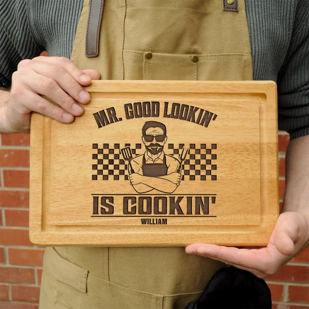Mr. Good Lookin' Is Cookin' - Personalized Wooden Cutting Board - Image 3