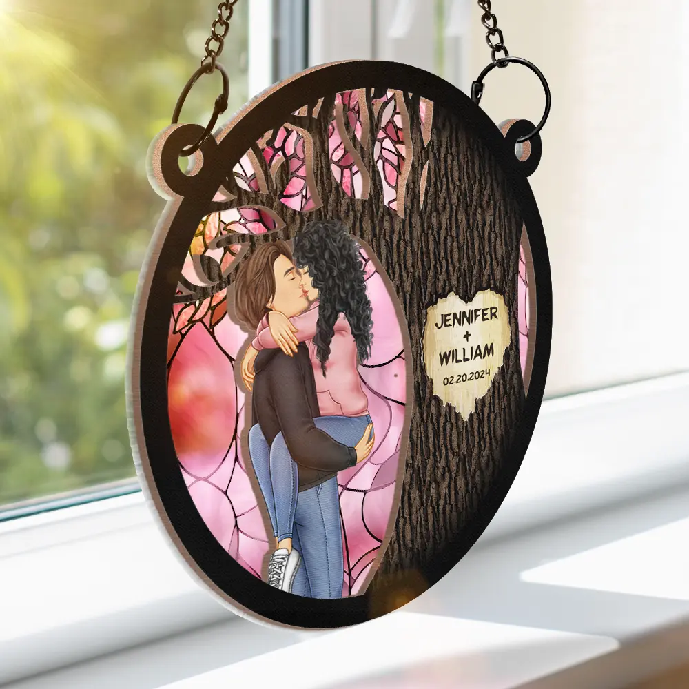 Mr & Mrs By The Tree - Personalized Window Hanging Suncatcher Ornament - Image 3