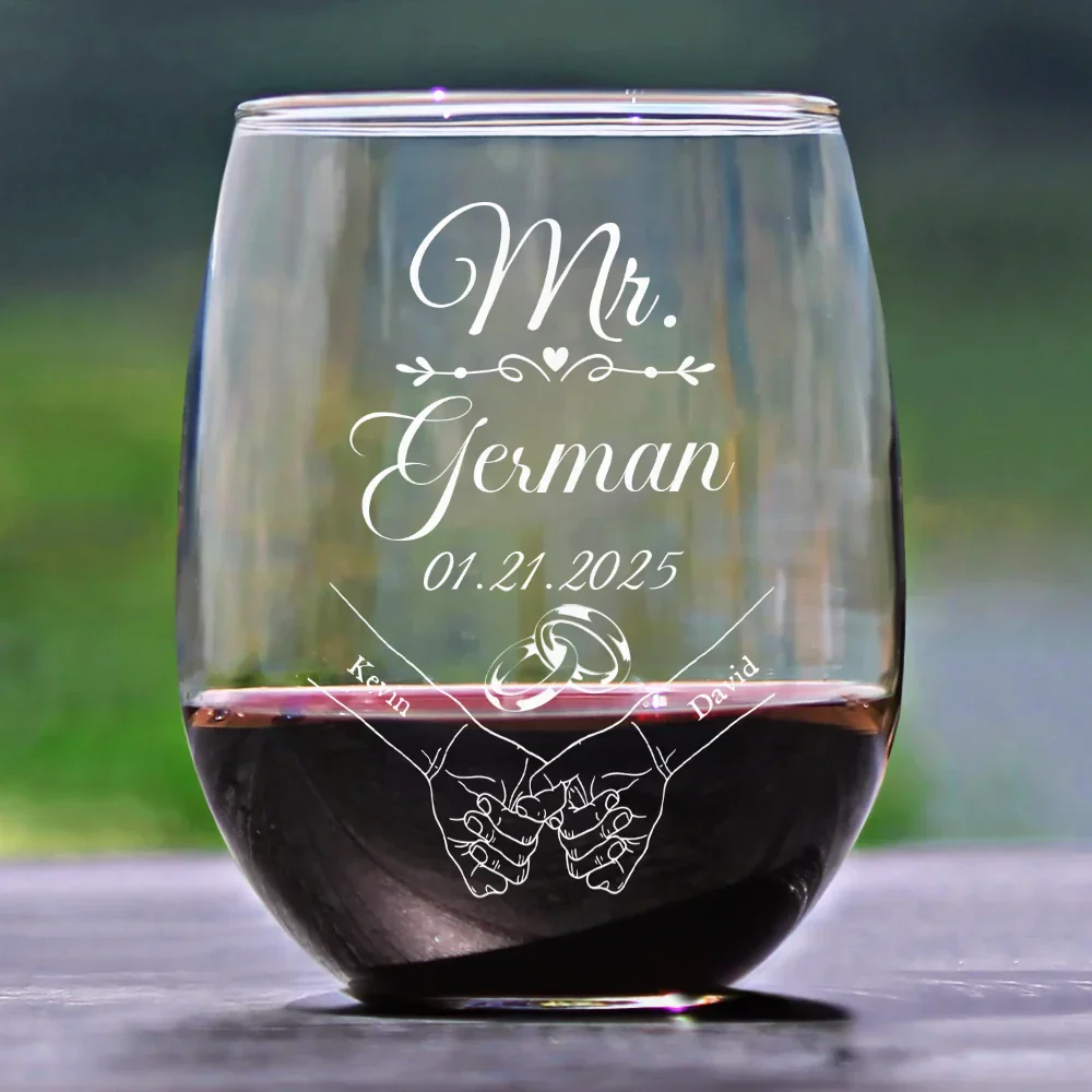Mr & Mrs Holding Hands - Personalized Stemless Wine Glass - Image 2