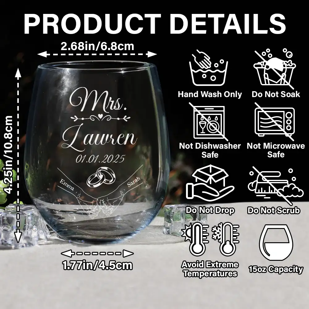 Mr & Mrs Holding Hands - Personalized Stemless Wine Glass - Image 5