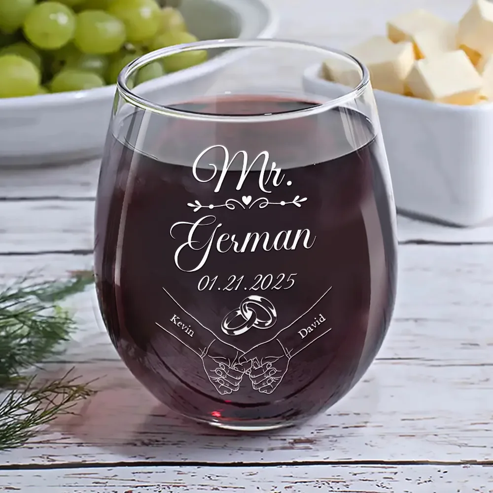 Mr & Mrs Holding Hands - Personalized Stemless Wine Glass - Image 6