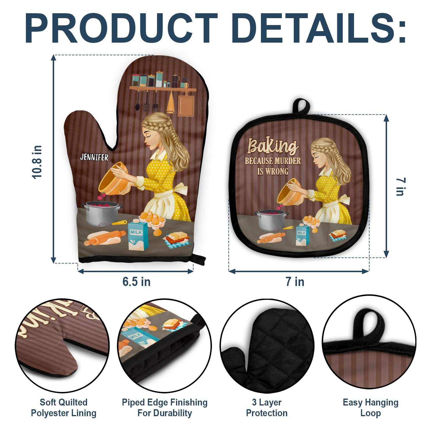 Murder Is Wrong - Gift For Mom, Gift For Baking Lovers - Personalized Oven Mitts, Pot Holders - Image 3