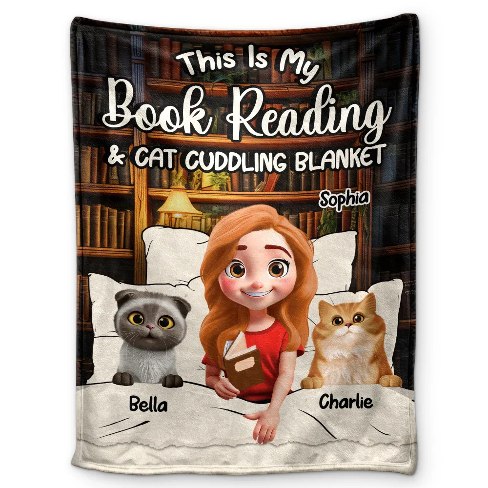 My Book Reading & Cat Cuddling Blanket 3D Effect - Personalized Fleece Blanket, Sherpa Blanket