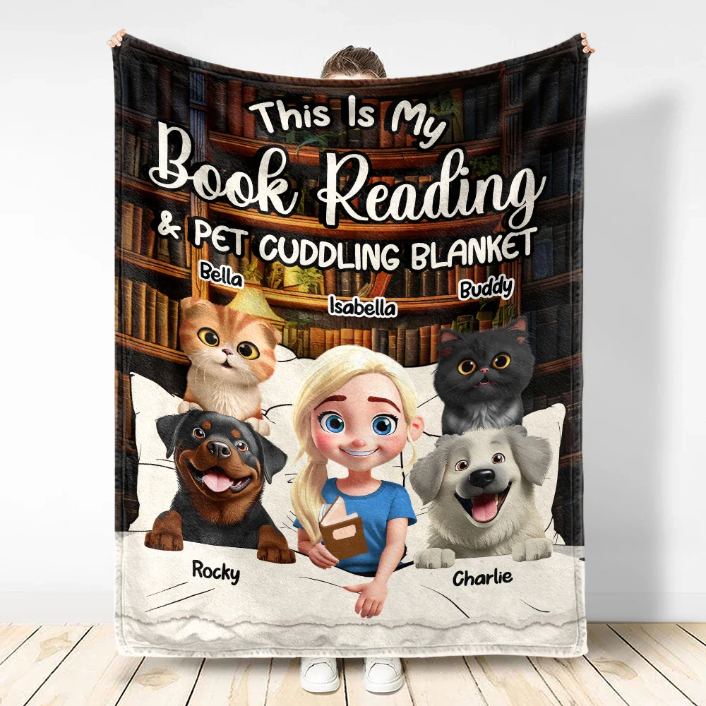 My Book Reading & Cat Cuddling Blanket 3D Effect - Personalized Fleece Blanket, Sherpa Blanket - Image 3