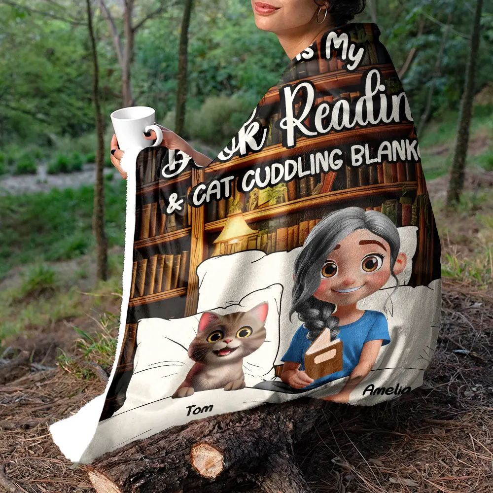 My Book Reading & Cat Cuddling Blanket 3D Effect - Personalized Fleece Blanket, Sherpa Blanket - Image 5