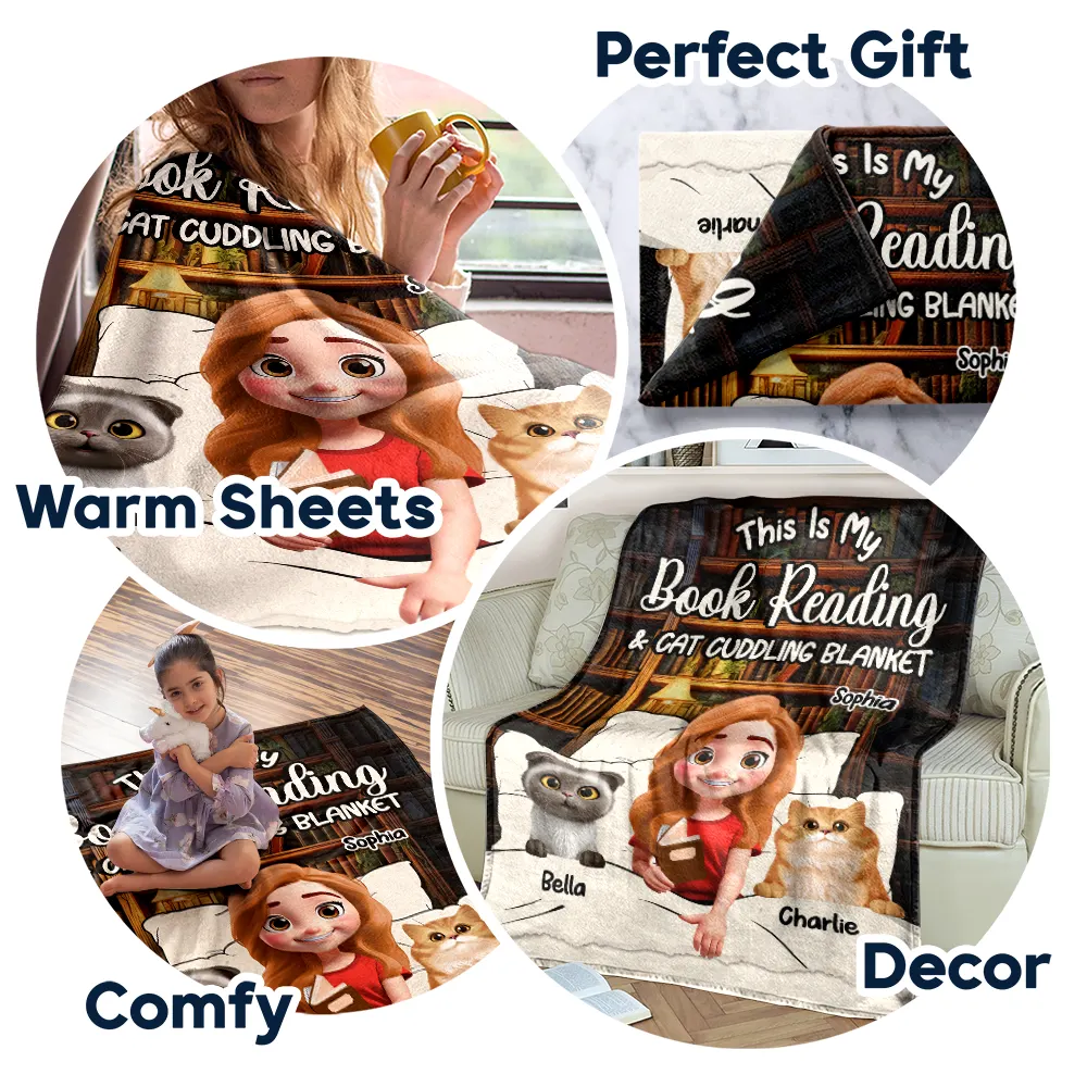 My Book Reading & Cat Cuddling Blanket 3D Effect - Personalized Fleece Blanket, Sherpa Blanket - Image 7